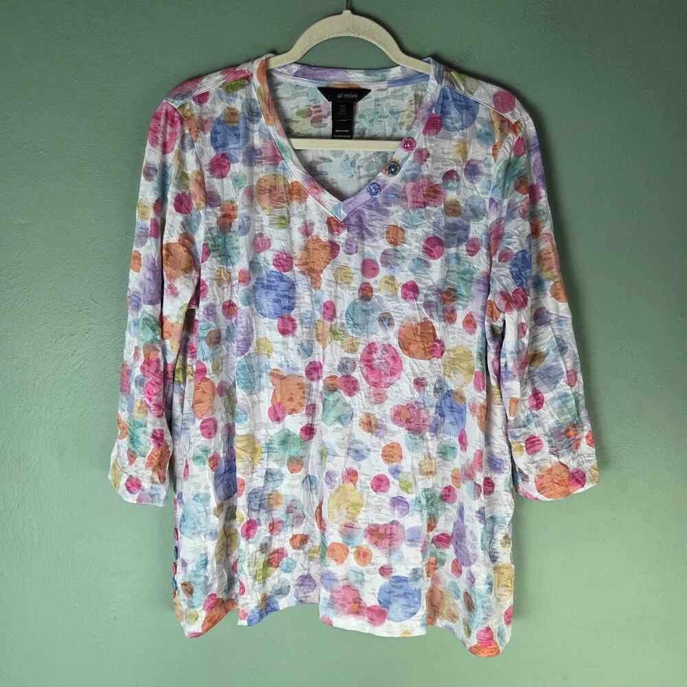 Ali Miles Womens Top PXL Colorful Dot 3/4 Sleeve V-Neck Blouse Easter Spring